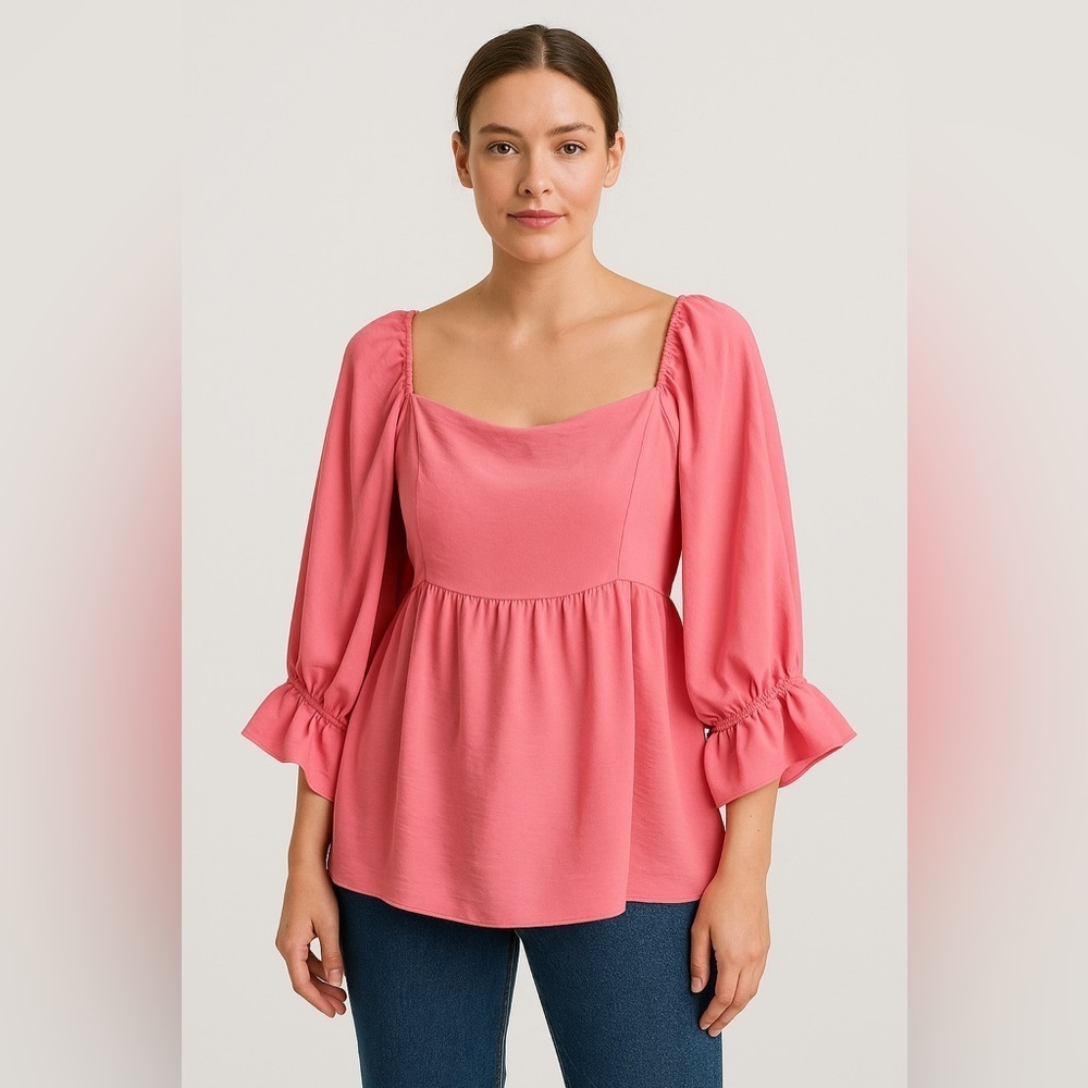 Impressions solid pink peplum-style babydoll blouse square neckline puff sleeves